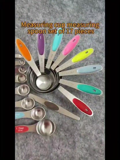 Measuring Cups and Spoons Set Stainless Steel, 8 or 17-Piece Stackable Baking Measuring Cup Set with Soft Handle for Wet and Dry Ingredients, Kitchen Baking Accessories, Black or Colorful