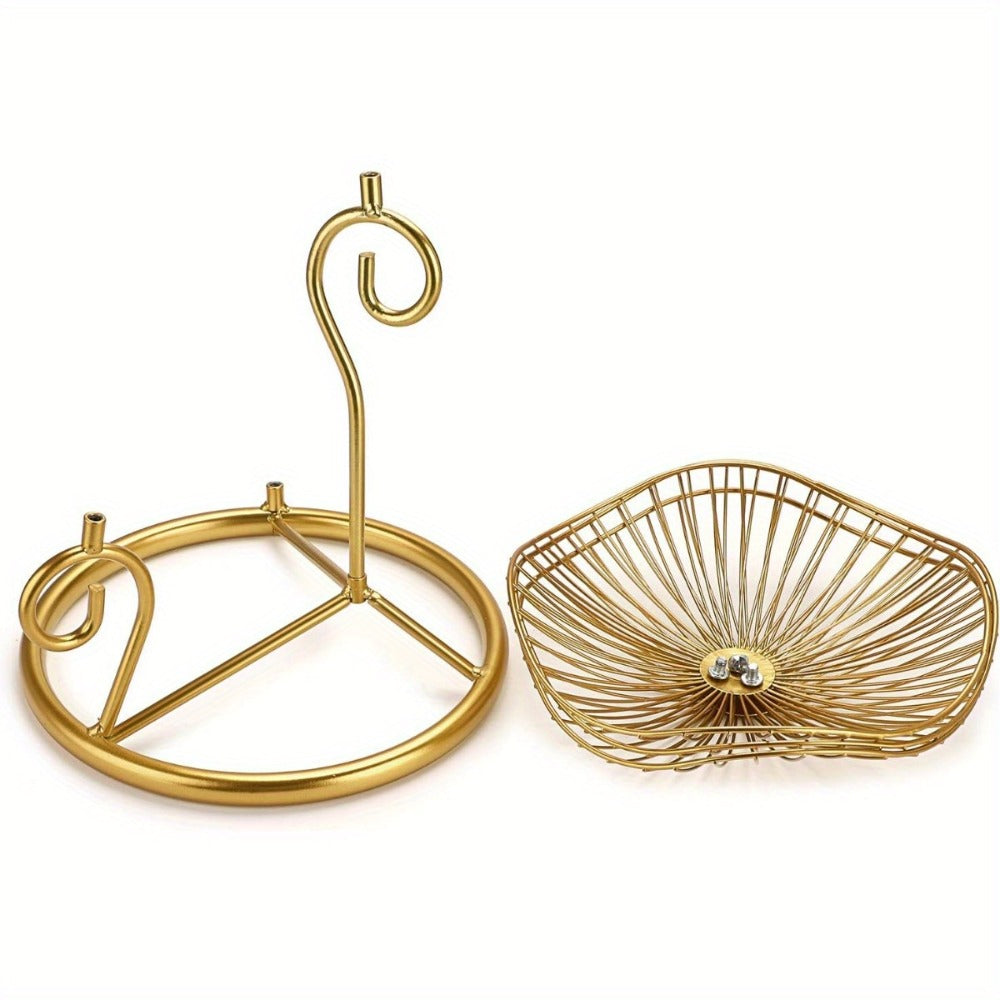 Three-Tier Golden Metal Wire Fruit Basket Stand with Lotus-Leaf Bowls, 46.5 cm Wide Countertop Design