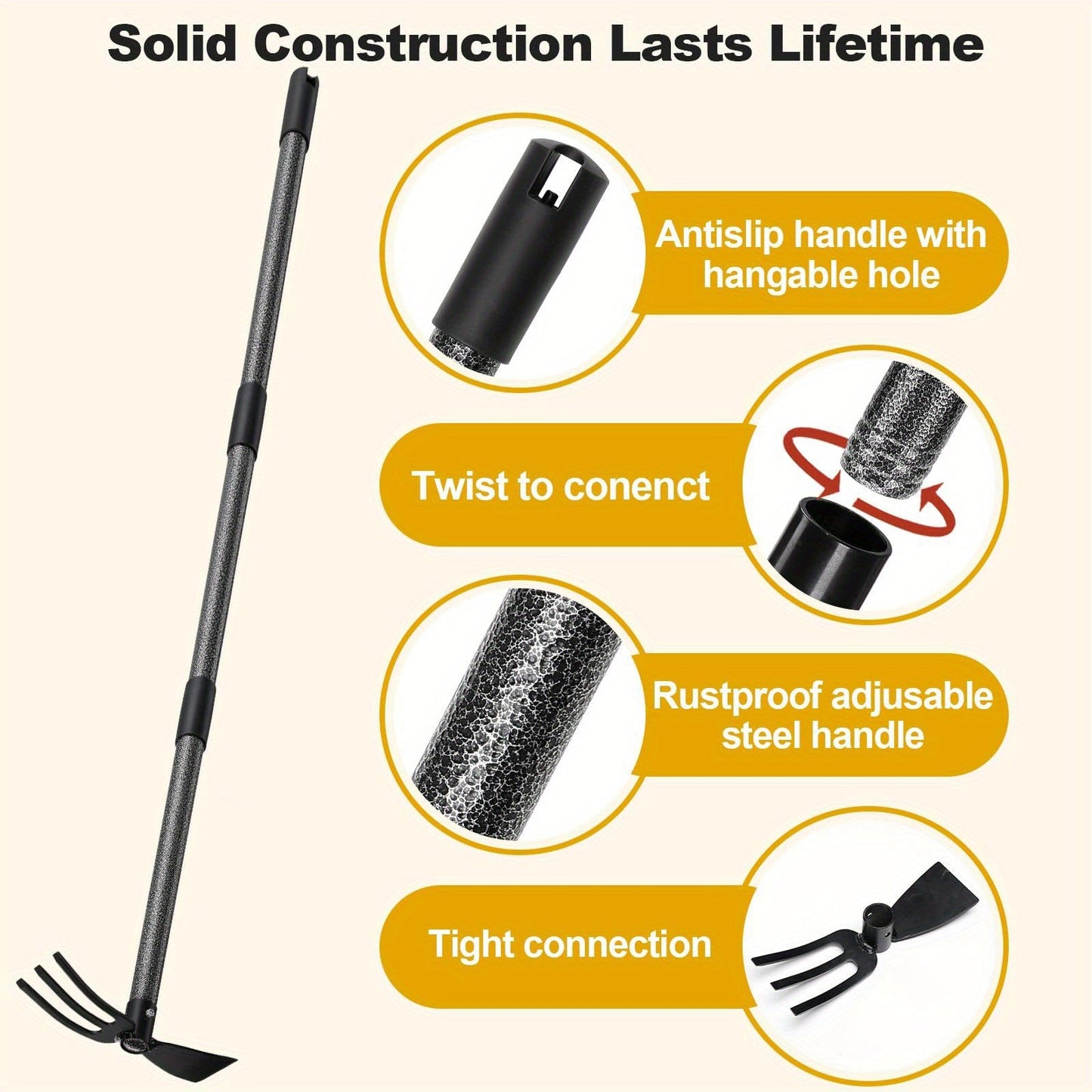 Garden Cultivator Hoe 2-in-1 60 Inch Long Handle Steel Tiller Blade & 3-Prong Cultivator Head for Weeding Tilling Loosening Soil Planting Lightweight