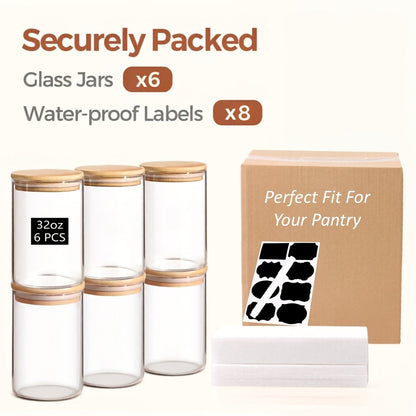 Glass Food Storage Containers Set of 6 with Bamboo Lids & Labels, 32oz Airtight Clear Glass Jars for Pantry Kitchen – Flour Sugar Tea Coffee Spice Herbs