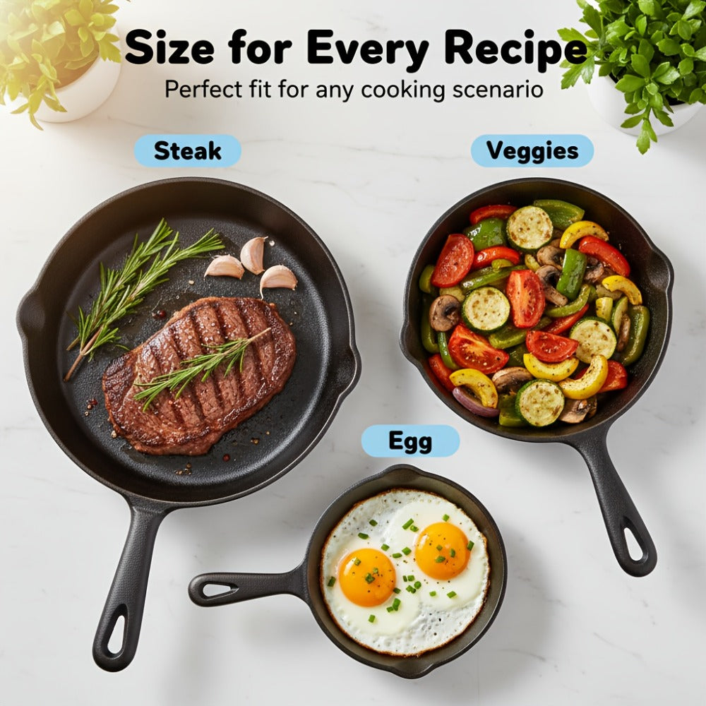 Nested Cast Iron Skillet Set with Long Handles, Pouring Lips and Choice of 3, 4 or 5 Graduated Pans