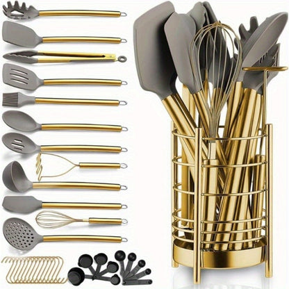 38-Piece Gold-Tone Silicone and Steel Kitchen Utensil Set with Holder, Measuring Tools and Accessories