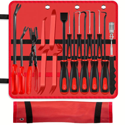 17-Piece Automotive Trim Removal Tool Kit with Pry Paddles, Hook Set, Clip Pullers and Scraper