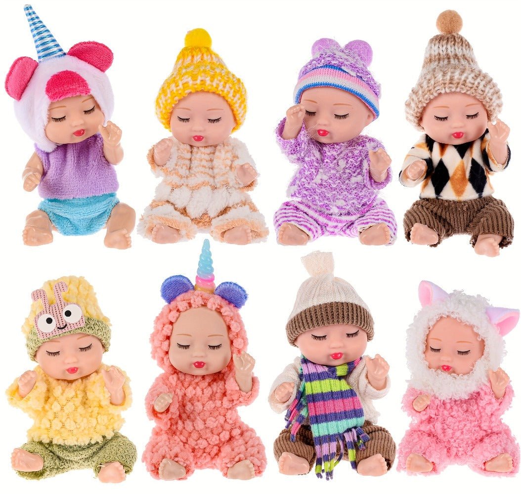 Eight Mini Baby Dolls with 4-Inch Checkout Size, Assorted Knit Animal Outfits and 10.24-Inch Display Box