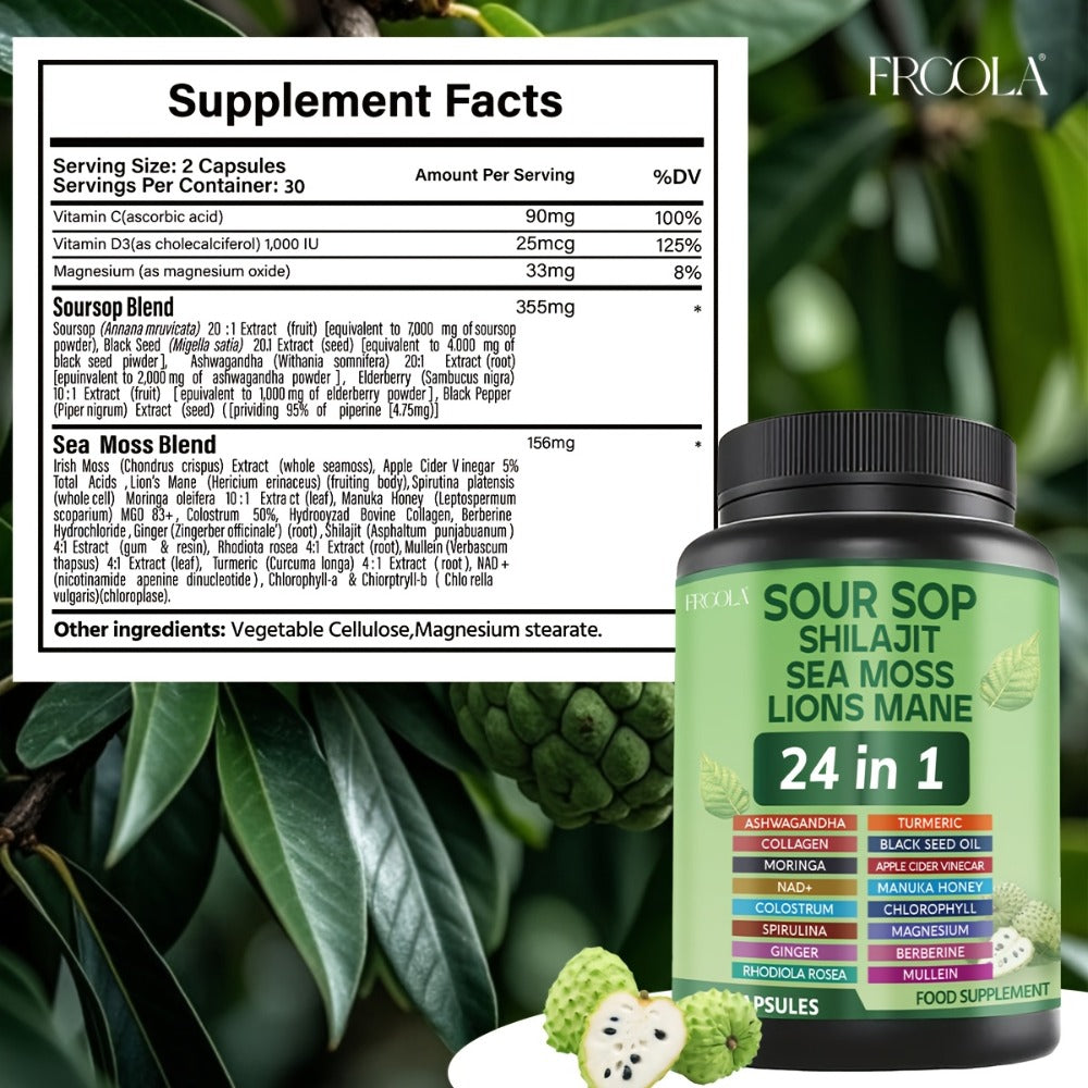 Herbal Supplement with FRCOLA Label, Soursop Shilajit Sea Moss and Lion's Mane 24-in-1 Capsules, 60 Count