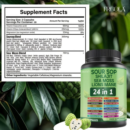 Herbal Supplement with FRCOLA Label, Soursop Shilajit Sea Moss and Lion's Mane 24-in-1 Capsules, 60 Count