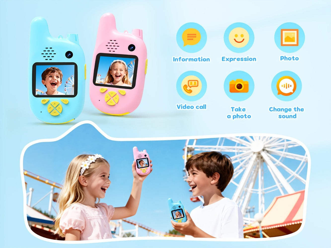 Kids Video Walkie Talkies 2 Pack with Video Call, Voice Changer & Dual Camera – Long Range Outdoor Toy, Birthday Gift for Boys Girls Age 4+, Indoor Camping Hiking Play