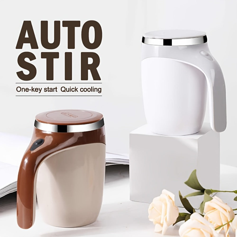 White Self-Stirring Coffee Mug with Magnetic Mixing Piece, Side Button, Lid and 250ml Marking