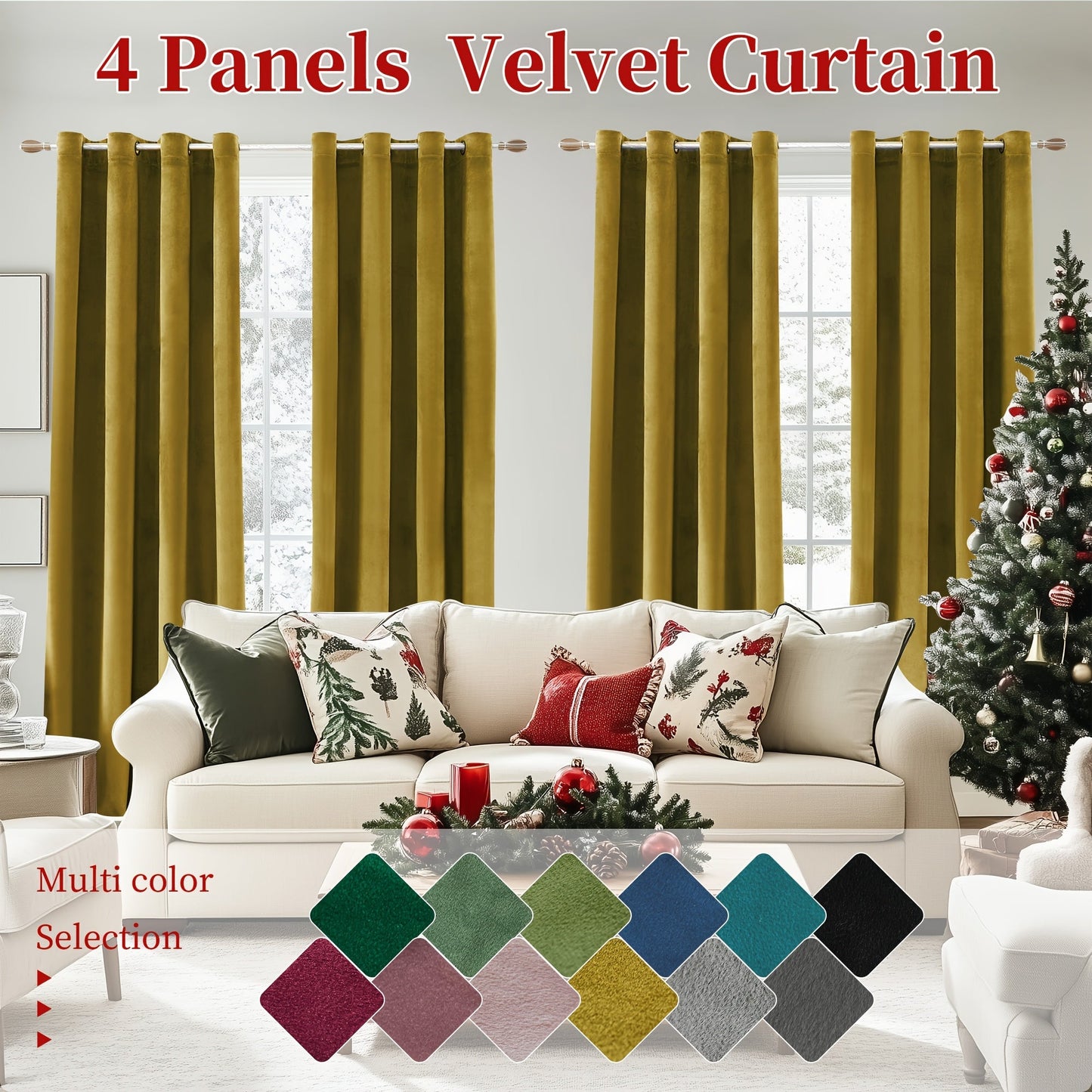 Four-Panel Velvet Blackout Curtain Set with 12 Colors, 10 Sizes and 1.6-Inch Grommet Openings