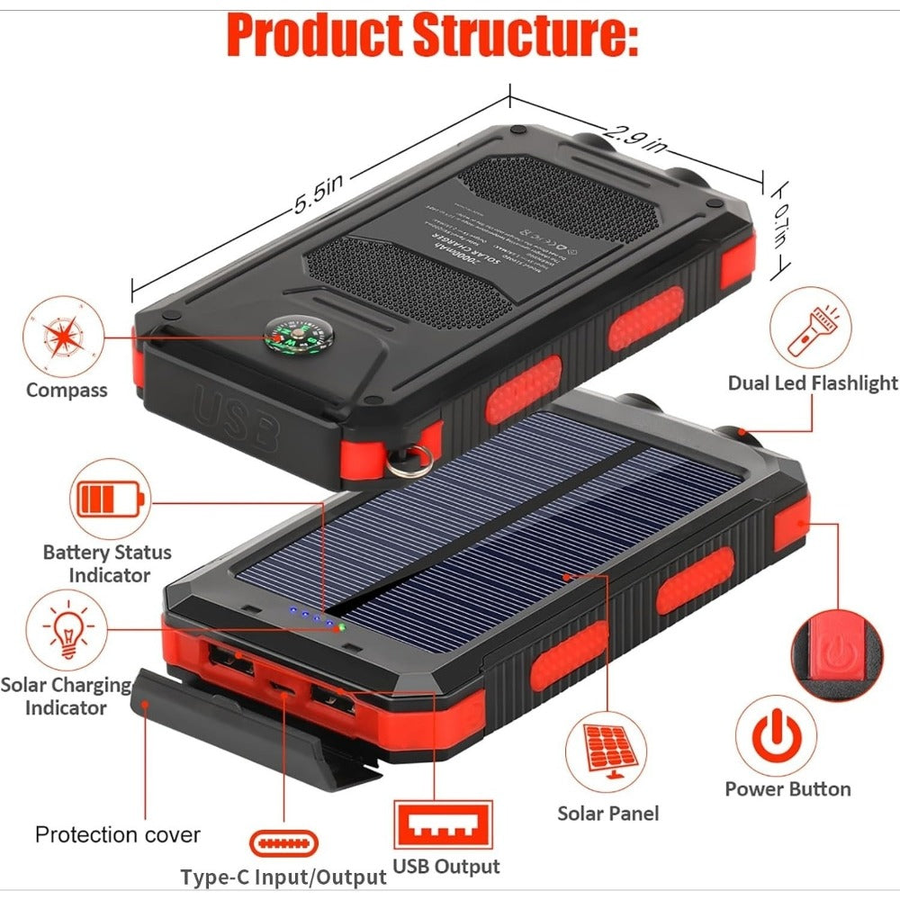 Solar Power Bank 20000mAh Outdoor Portable Charger with LED Flashlight SOS Compass & Carabiner Hook – Dual USB Waterproof Battery Pack for Camping Hiking Backpacking Emergency Survival Gear Gift