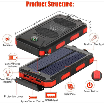 Solar Power Bank 20000mAh Outdoor Portable Charger with LED Flashlight SOS Compass & Carabiner Hook – Dual USB Waterproof Battery Pack for Camping Hiking Backpacking Emergency Survival Gear Gift