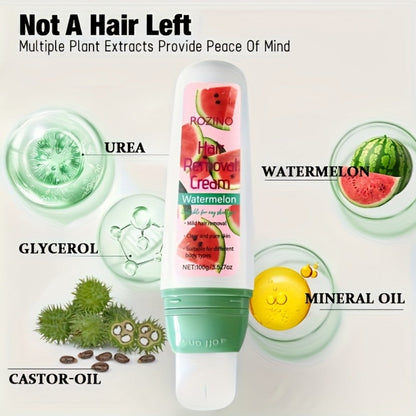 Watermelon Scent Depilatory Cream 100g with Squalane - Instant Hair Removal Semi-Permanent 3-Month Results Non-Irritating for Face Lips Armpits Legs Arms Bikini Area Women Sensitive Skin