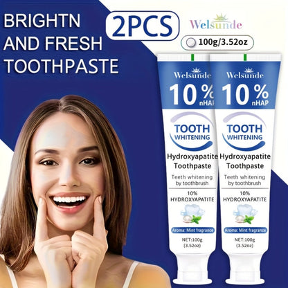 Two-Pack 100g Mint Toothpaste Tubes with 10% Hydroxyapatite Highlighted on the Package Labels