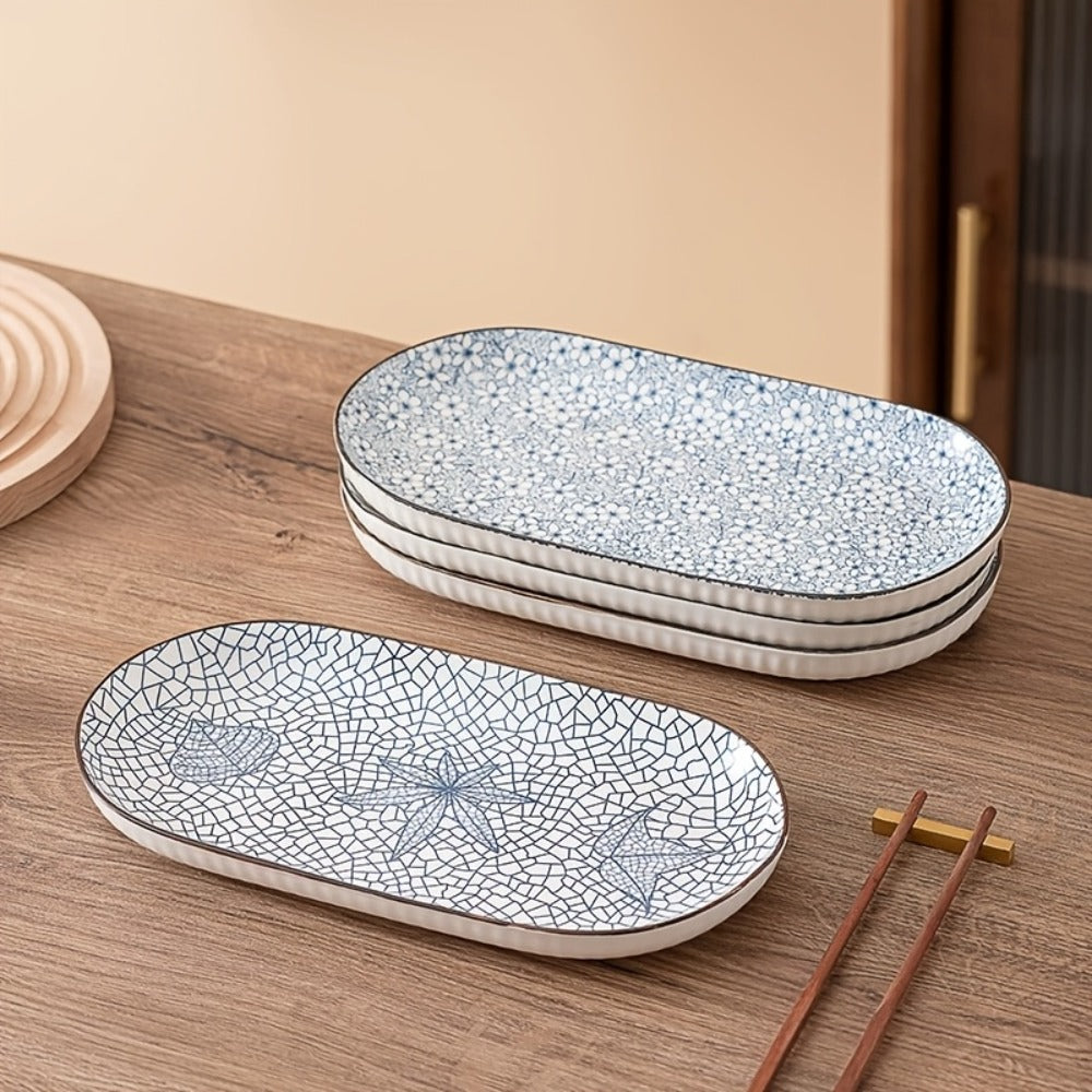 Four-Piece 12 Inch Blue and White Porcelain Fish Plate Set for Serving, Steaming and Oven Baking