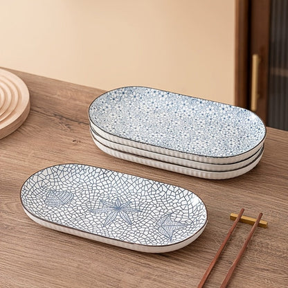 Four-Piece 12 Inch Blue and White Porcelain Fish Plate Set for Serving, Steaming and Oven Baking