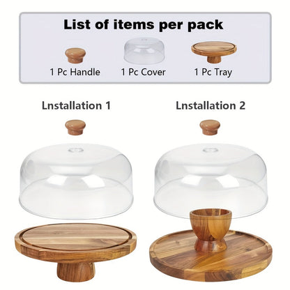 Acacia Wood Cake Stand with Clear Acrylic Dome, 11.8-Inch Round Reversible Serving Board and Pedestal Base