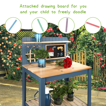 Potting Bench Table Cedar Wood Garden Workstation with Blackboard Removable Sink Hooks Double Shelf for Patio Balcony Courtyard Outdoor Planting Work Bench