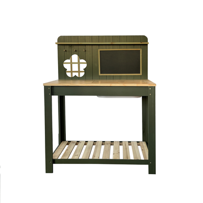 Potting Bench Table Cedar Wood Garden Workstation with Blackboard Removable Sink Hooks Double Shelf for Patio Balcony Courtyard Outdoor Planting Work Bench