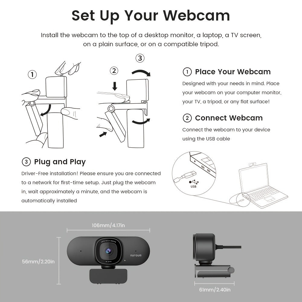 4K Webcam AI Auto Framing True Autofocus with Dual Noise Canceling Mics & 90° FOV – NUROUM V11/V15/V32 Plug and Play USB Camera for Zoom Meetings, Gaming & Home Office, 1080P/2K/4K