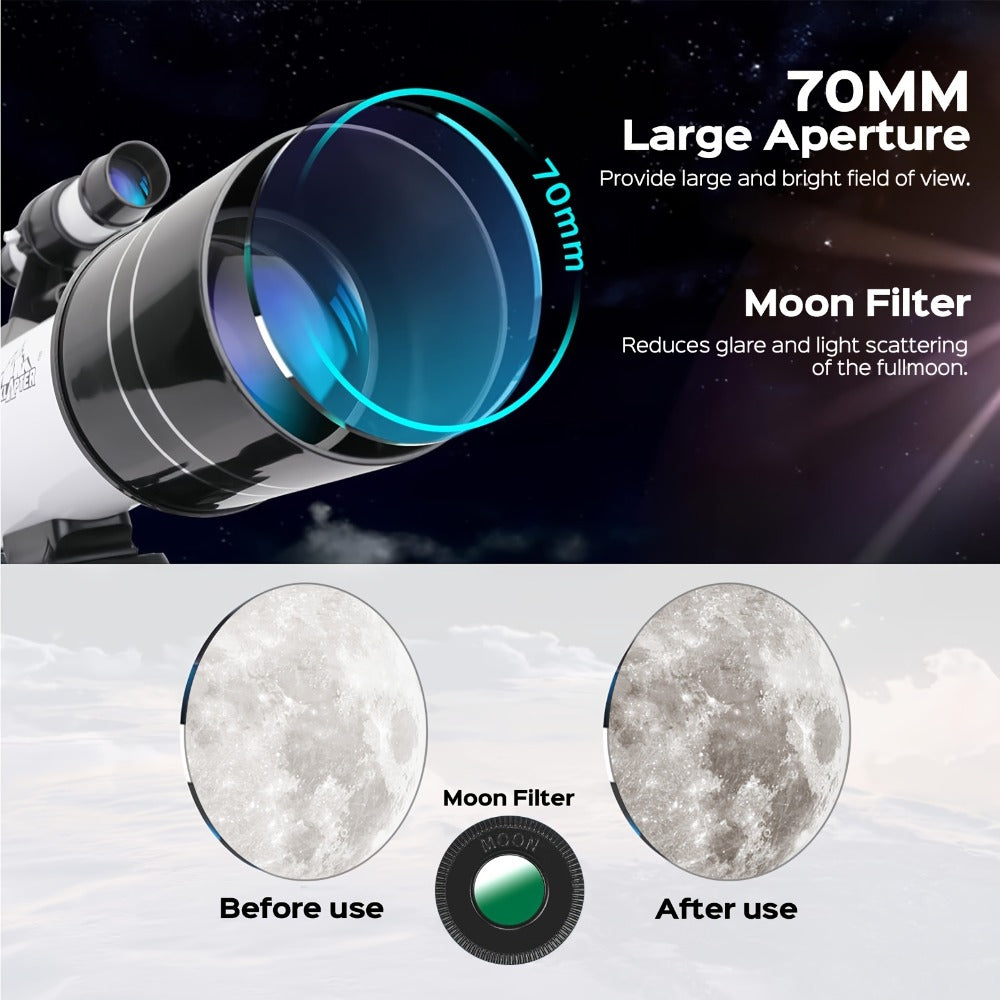 Monocular Telescope 150X with 3 Eyepieces, 70mm Aperture & Tripod – Portable Astronomical Refractor with Phone Holder & Barlow Lens, Easy Setup, Best Gift for Nature, Education & Stargazing