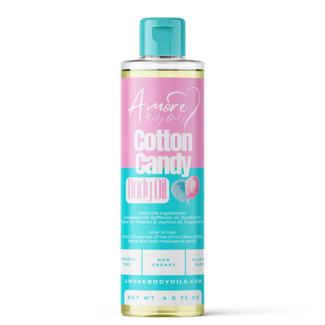 Cotton Candy Fragrance Body Oil in a Pink 4 fl oz Pump Bottle with Strawberry, Raspberry and Vanilla Notes