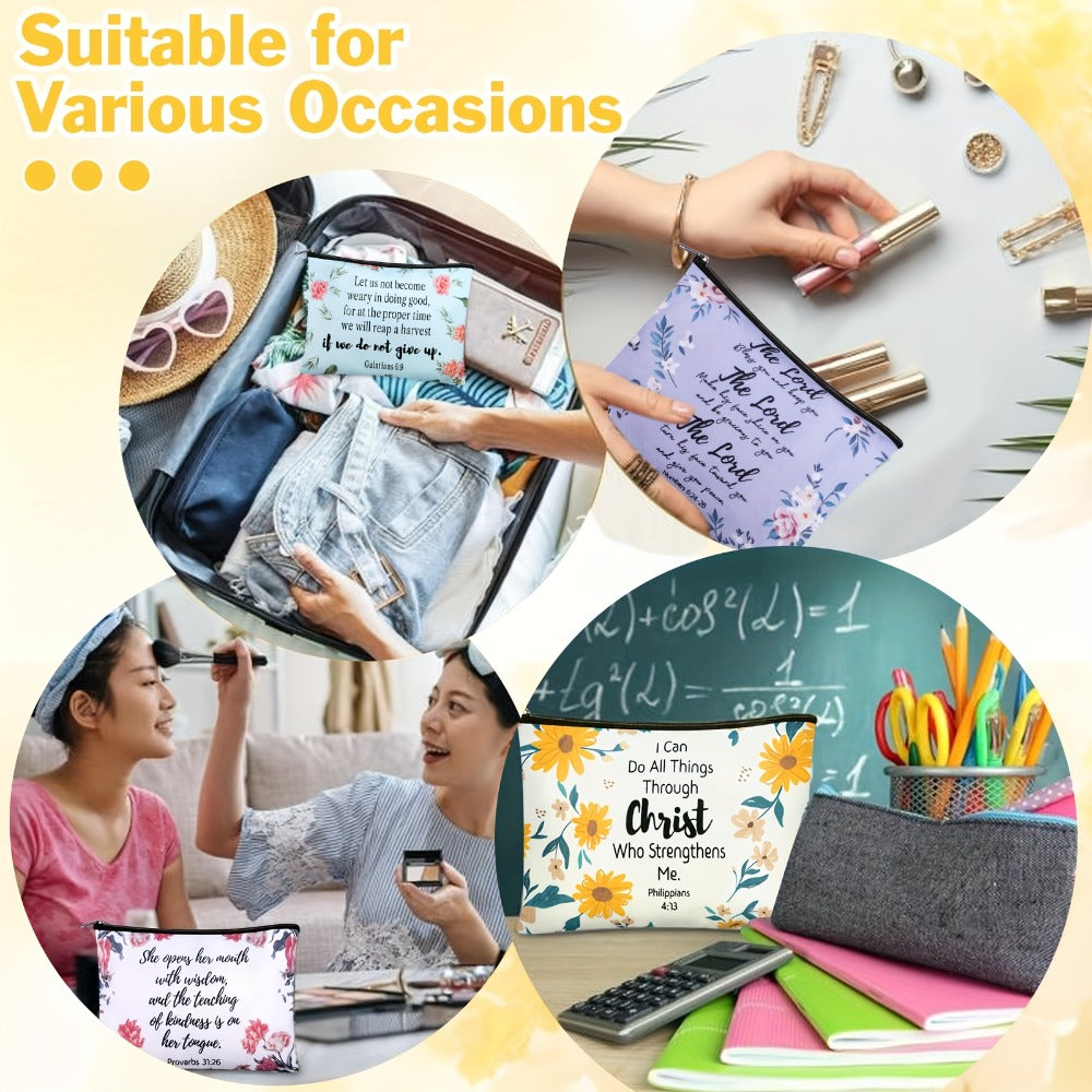 Thirty-Piece Bible Verse Makeup Bag Set with Mixed Printed Designs, 23 x 15cm Pouches and Black Zippers