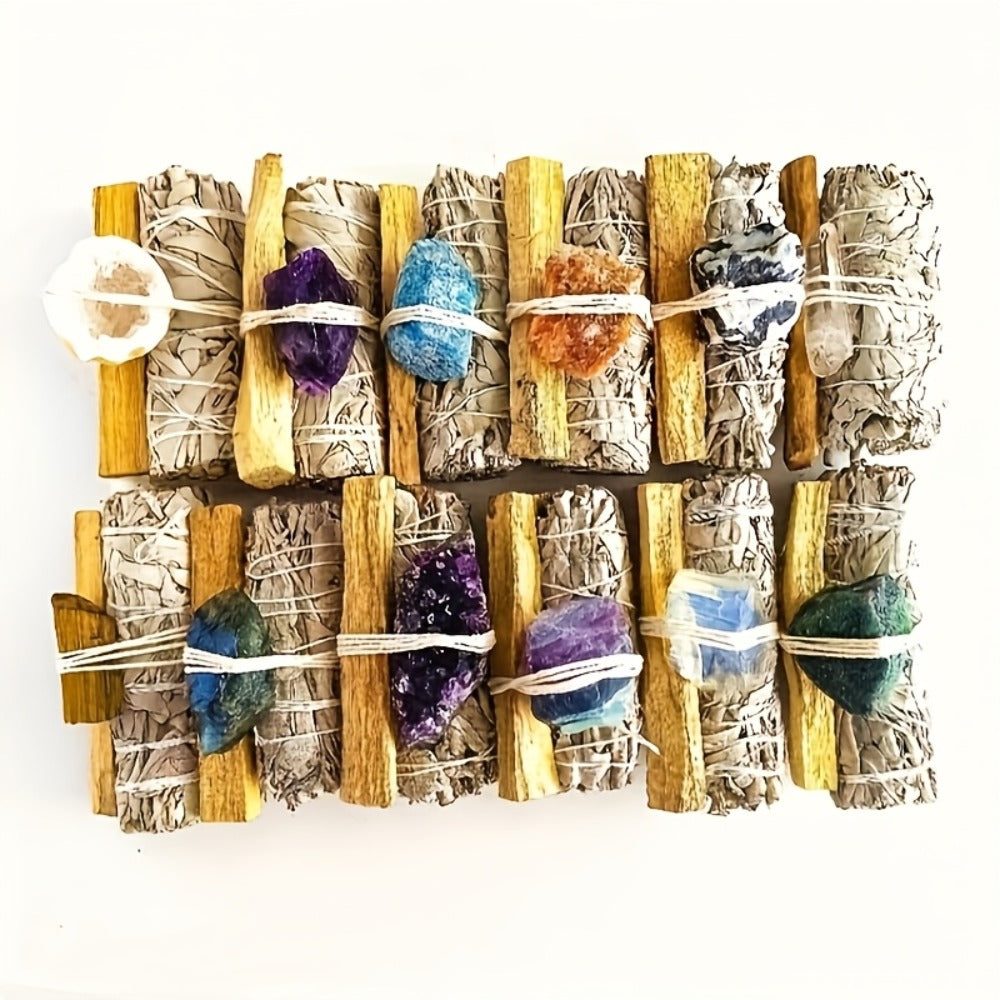 Natural White Sage and Random Crystal Decor Set for Meditation Spaces, Displays and Seasonal Gifts