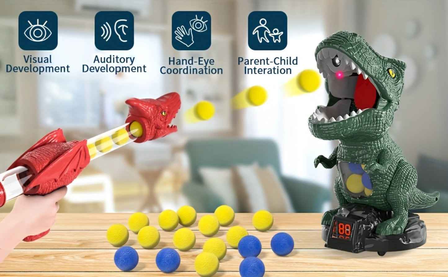 Dinosaur Shooting Game Toy with Sound Light & Spray – Movable Dino Target Launcher Set with Foam Bullets & Goggles for Boys Kids Ages 3+, Indoor Outdoor Blaster Birthday Gift
