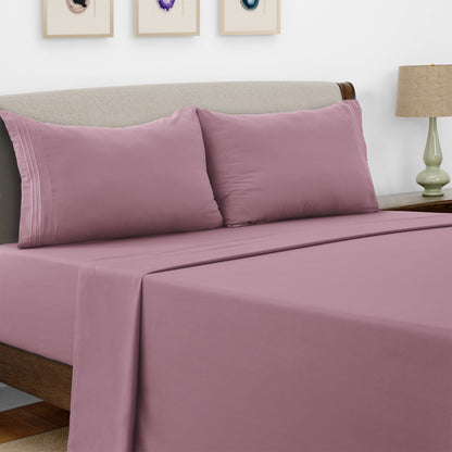 Bed Sheet Set Microfiber with Size-Dependent 3- or 4-Piece Contents and Six Documented Bed Dimensions