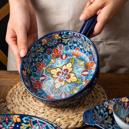 Four-Piece Bohemian-Style Ceramic Bowl Set with Handles in Light Blue, Blue, Red and Yellow