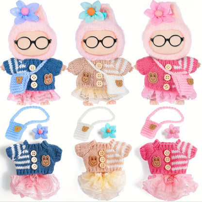 Three-Set Doll Clothes Collection for 17cm Plush Dolls with Knit Tops, Tulle Skirts, Hair Accents and Bags