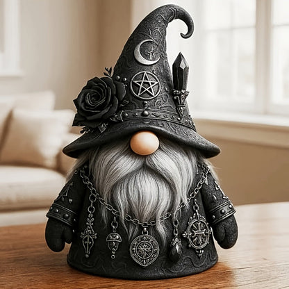 Gothic Gnome Figurine in Resin with Crescent-Marked Hat, Rose and Pentagram Details and 15 x 10cm Size