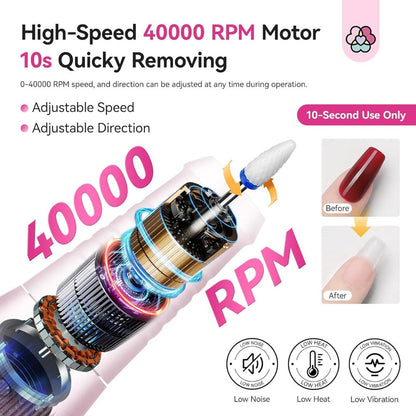 40,000 RPM Rechargeable Nail Drill in Bright Pink with 4000 mAh Battery, LCD Display and Tool Set