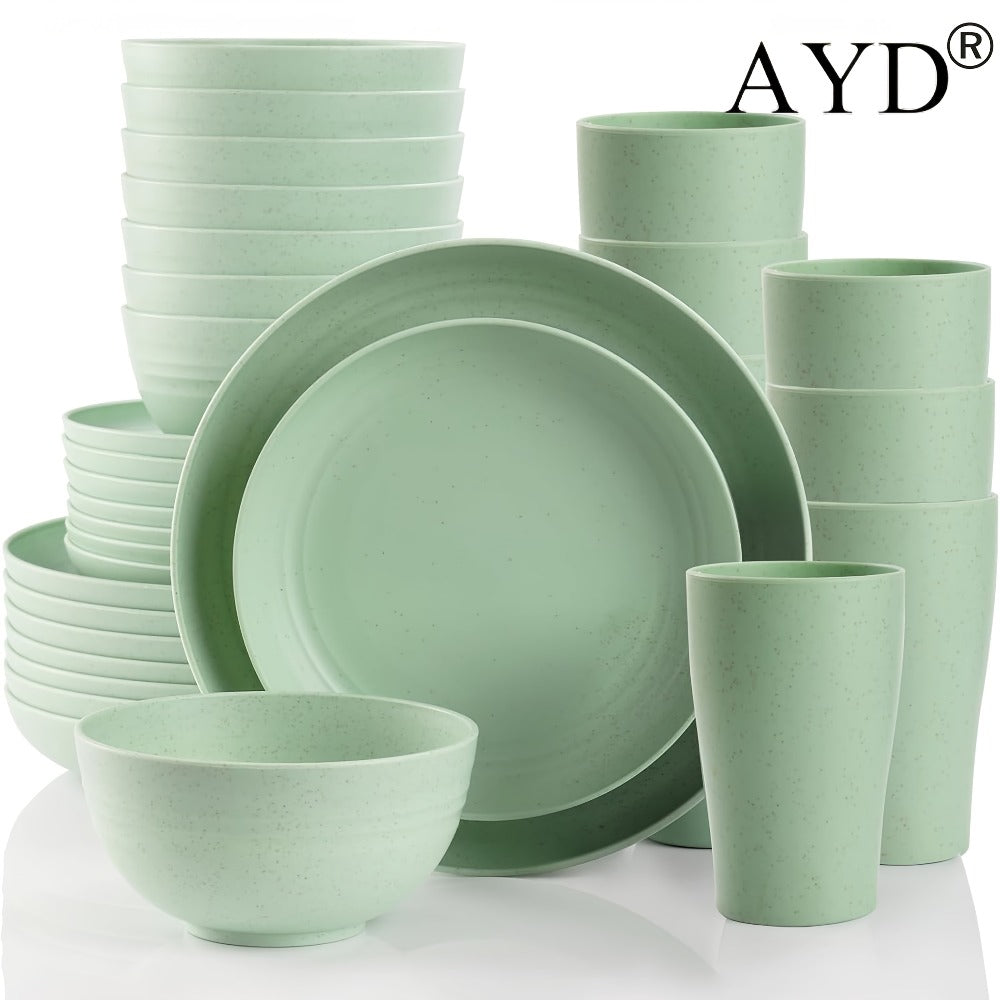 Wheat Straw Dinnerware Set 16 or 32 Piece – Plates & Bowls for 4 or 8 People, Microwave & Dishwasher Safe Plastic Dish Set, Lightweight Colorful Tableware for Home, Party & Holiday