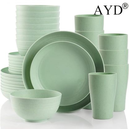 Wheat Straw Dinnerware Set 16 or 32 Piece – Plates & Bowls for 4 or 8 People, Microwave & Dishwasher Safe Plastic Dish Set, Lightweight Colorful Tableware for Home, Party & Holiday