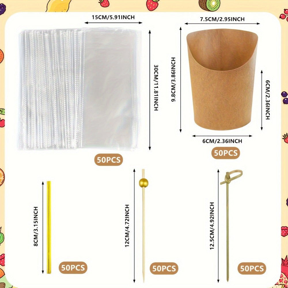 Disposable Charcuterie Cups 8oz with Sticks and Bags - 50 Sets Brown Kraft Paper Snack Cups for Appetizers Party Supplies French Fries Dessert Cups