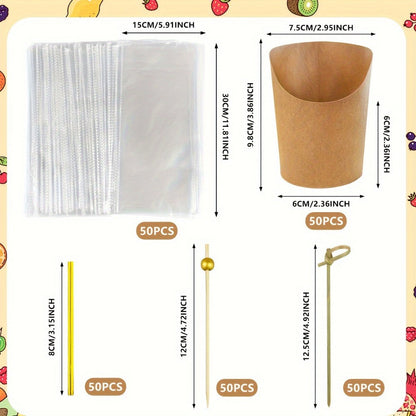 Disposable Charcuterie Cups 8oz with Sticks and Bags - 50 Sets Brown Kraft Paper Snack Cups for Appetizers Party Supplies French Fries Dessert Cups