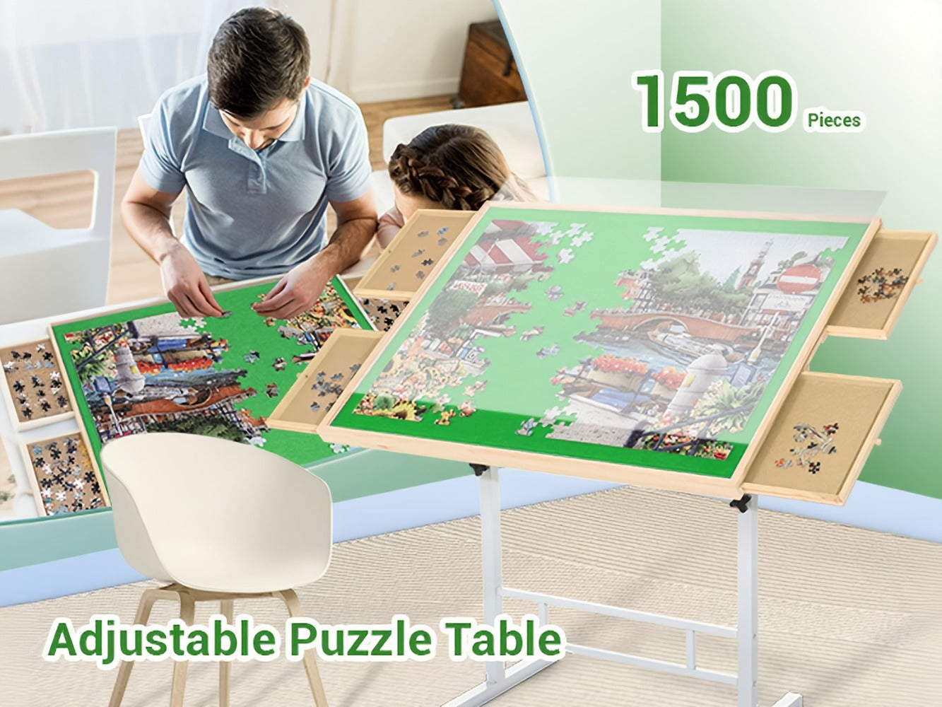 Adjustable Jigsaw Puzzle Table for 1500 Pieces with 4 Drawers, 35 x 26-Inch Wood Board and Metal Legs