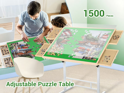 Adjustable Jigsaw Puzzle Table for 1500 Pieces with 4 Drawers, 35 x 26-Inch Wood Board and Metal Legs