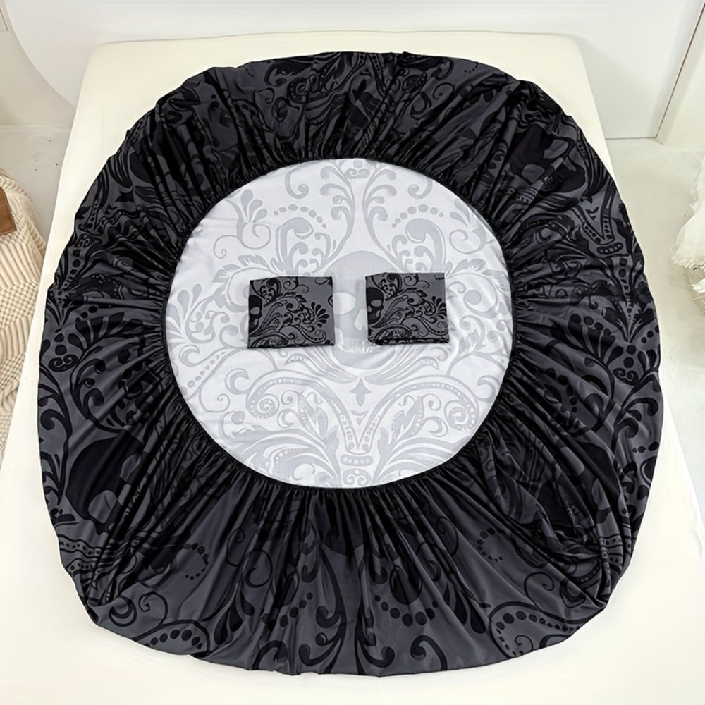 Gothic Skull Fitted Sheet Set 3-Piece – Victorian Baroque Halloween Bedding | 1 Deep Pocket Fitted Sheet + 2 Pillowcases | Machine Washable Hypoallergenic Polyester | Twin Full Queen King