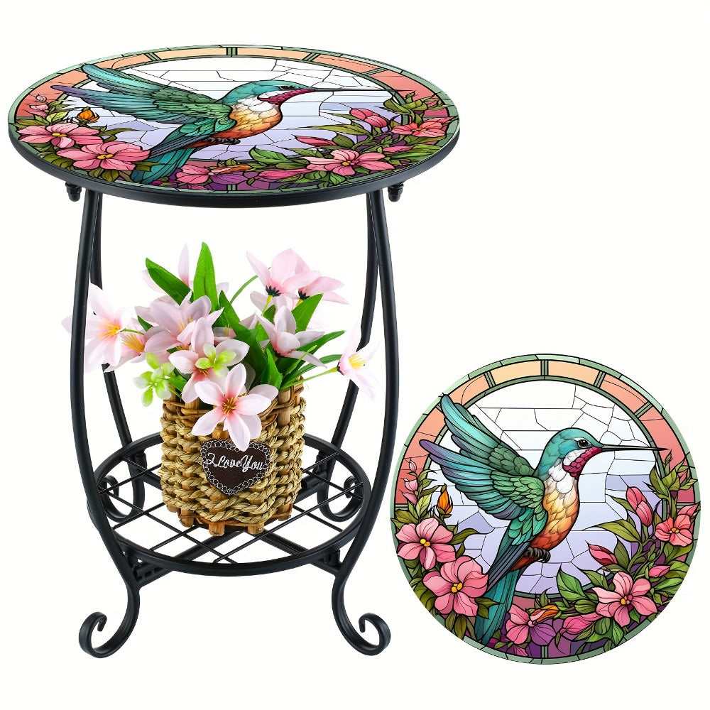 Mosaic Side Table, 14 Inch Round Hummingbird Design Decorative Outdoor Indoor Accent Table shown in the main product view