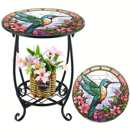 Mosaic Side Table, 14 Inch Round Hummingbird Design Decorative Outdoor Indoor Accent Table shown in the main product view