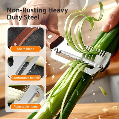 Two-Piece Zhoshuai Vegetable Peeler Set with Wood Handles, Scallion Comb and Bottle-Opening Cutout