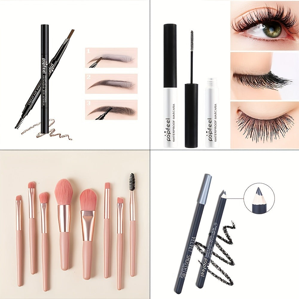 Makeup Kit with 40-Color Eyeshadow Palette, Mascara, Eyeliner, Eyebrow Pencil and Pink-Handled Brushes