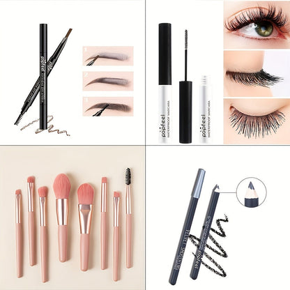 Makeup Kit with 40-Color Eyeshadow Palette, Mascara, Eyeliner, Eyebrow Pencil and Pink-Handled Brushes
