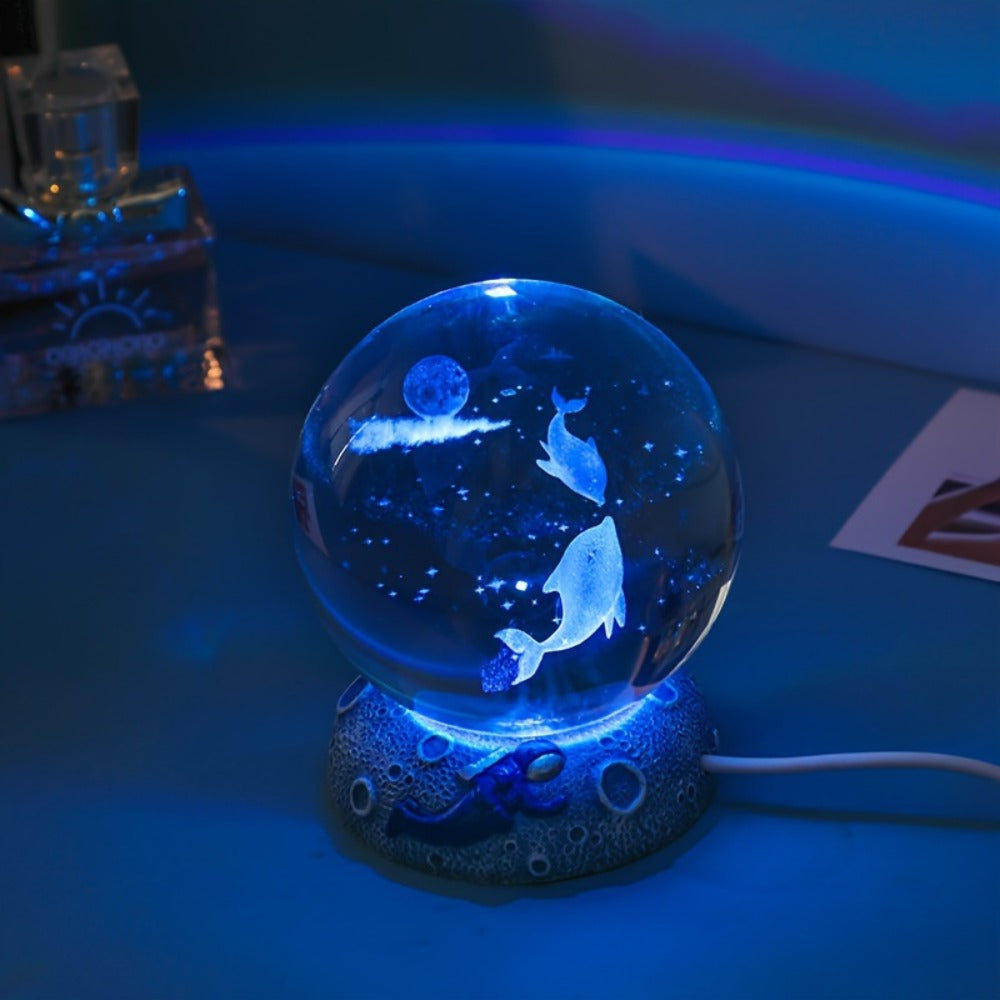 Night Light Blue Starry-Sky Crystal Orb Lamp with 3D Galaxy Pattern, Wood-Tone Base and Single Style