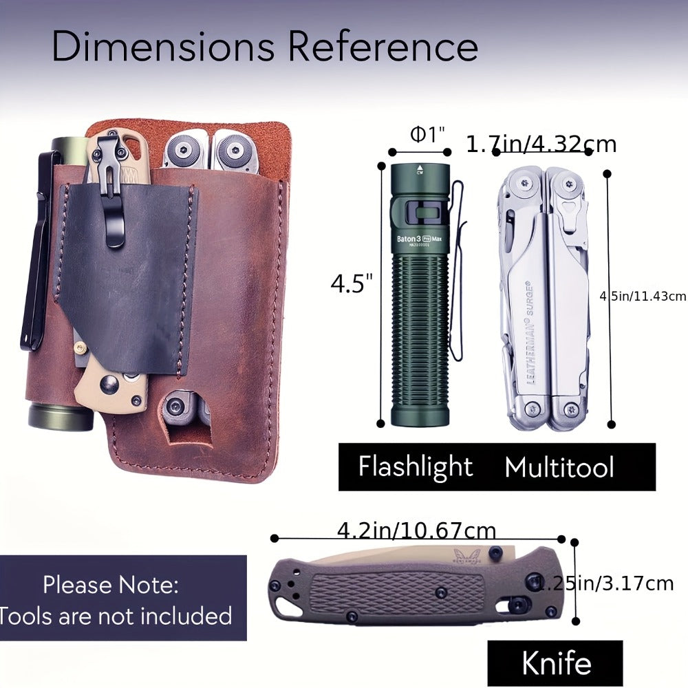 EDC Multitool Belt Holster with Clip, Loop and Pockets for Flashlight and Pen in Black or Brown