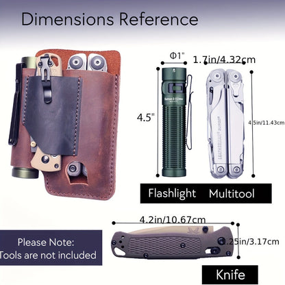 EDC Multitool Belt Holster with Clip, Loop and Pockets for Flashlight and Pen in Black or Brown