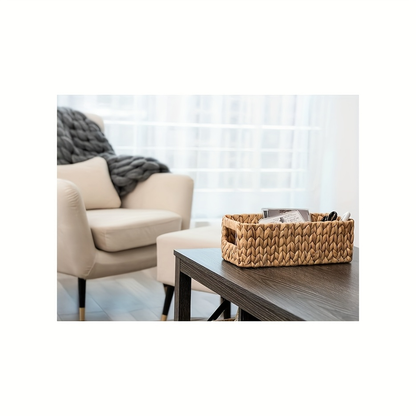 Seagrass & Water Hyacinth Storage Basket with Built-in Handles - Hand-Woven Square Wicker Bins for Bedroom Bathroom Pantry Shelves, Multiple Styles