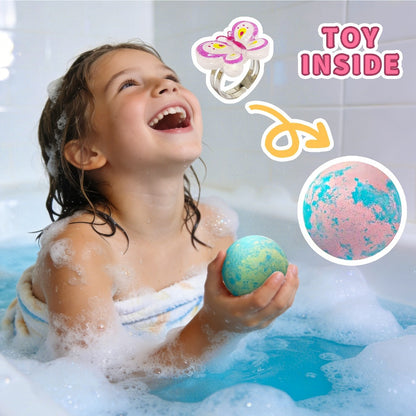 Bath Bombs, 6-Piece Unicorn Surprise Gift Set with Colorful Round Fizzers, Bracelet and Ring Accessories